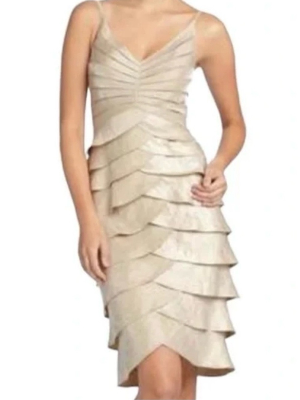 Adrianna Papell Gold Sleeveless Ruffled Tiered Knee Length Dress 6 Wedding